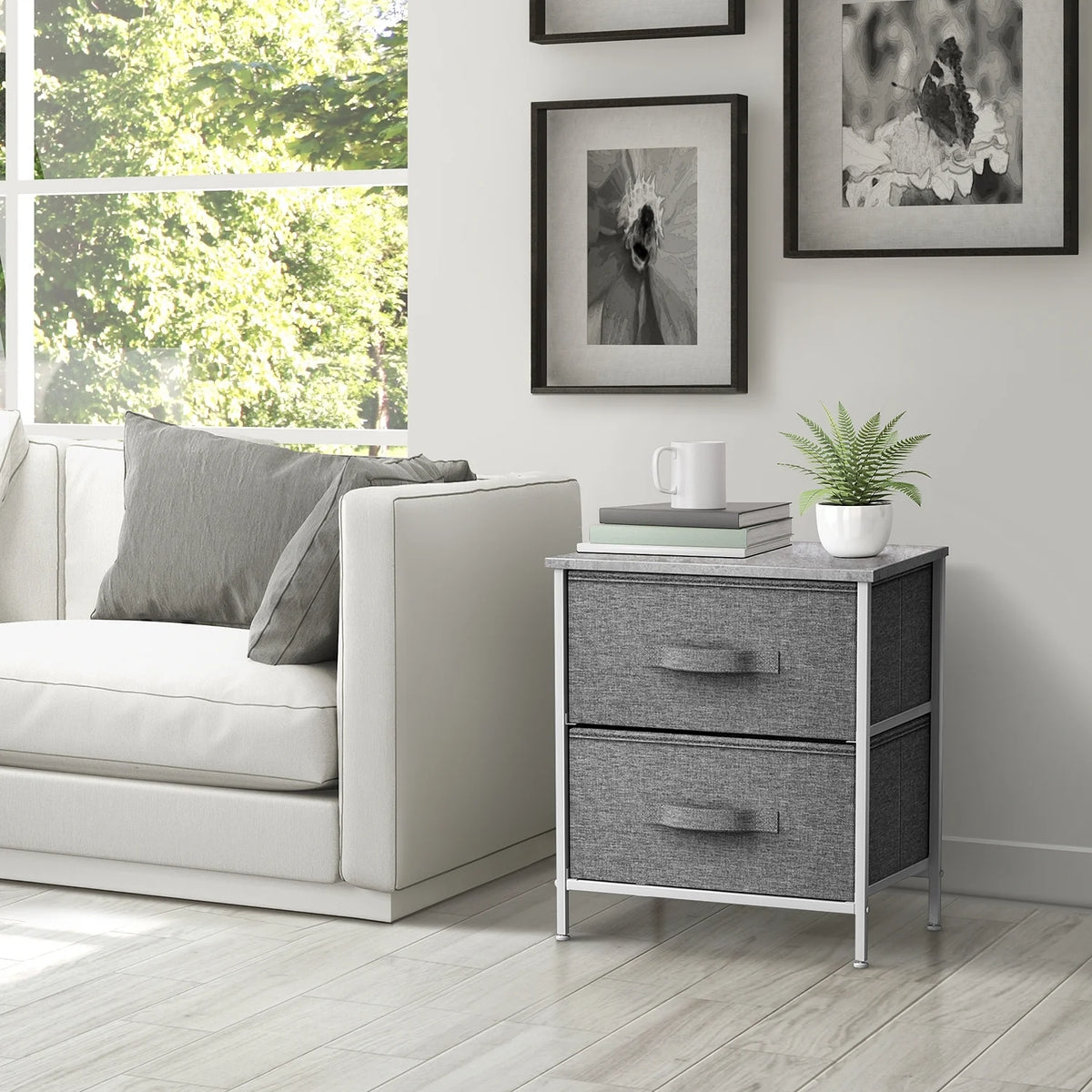 2 Drawer Nightstand with Steel Frame, Wood Top, Fabric Bins A917744