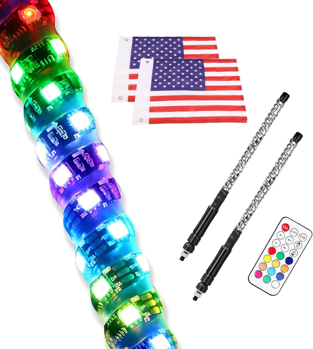 2PCS 3FT RGB Spiral LED Whip Lights for UTV ATV Offroad Trucks L209