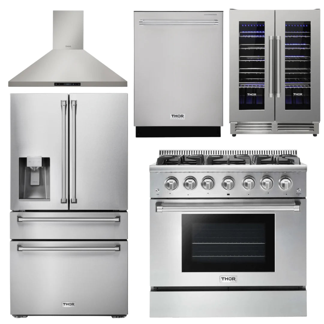 36 Gas Range, Range Hood, Refrigerator with Water and Ice Dispenser, Dishwasher, Wine Cooler K1991