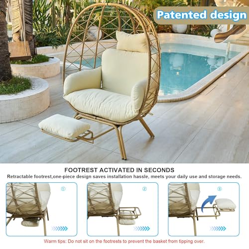 Oversized Beige Wicker Egg Chair with Cushion & Footrest C43527