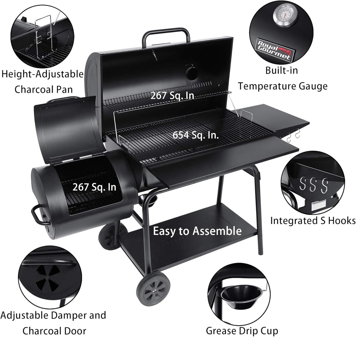 Charcoal Barrel Grill with Offset Smoker, 1188 Square Inches, Black B87572