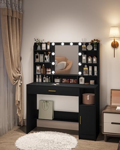 Black Vanity Desk with Mirror and 10 LED Lights R74410