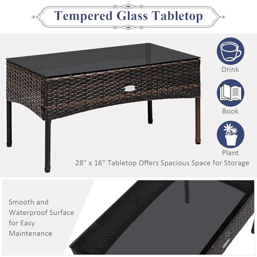 3 Pieces PE Rattan Wicker Patio Conversation Set with Cushions and Tempered Glass Coffee Table I98458