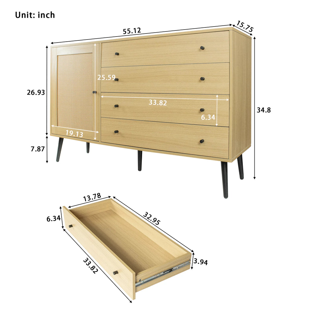 Natural Wood Storage Cabinet with Door and 4 Drawers W81678
