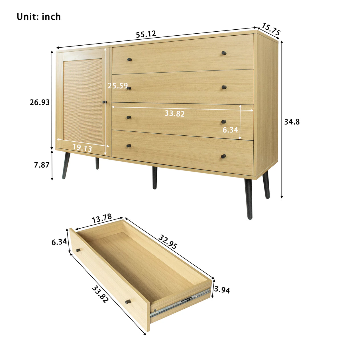 Natural Wood Storage Cabinet with Door and 4 Drawers W81678