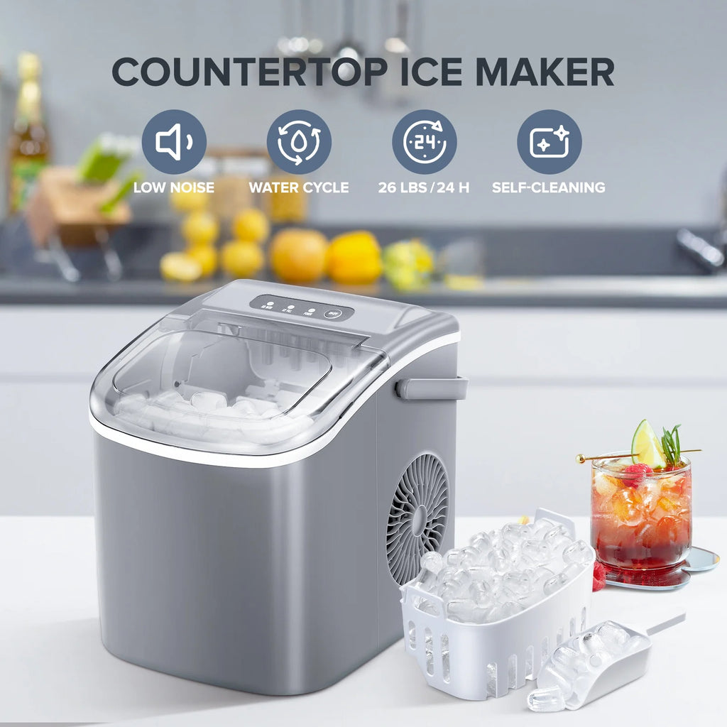 Countertop Portable Ice Maker Machine with Handle, 9 Bullet-Shaped Ice Cubes, 26Lbs/24H with Ice Scoop and Basket I37367