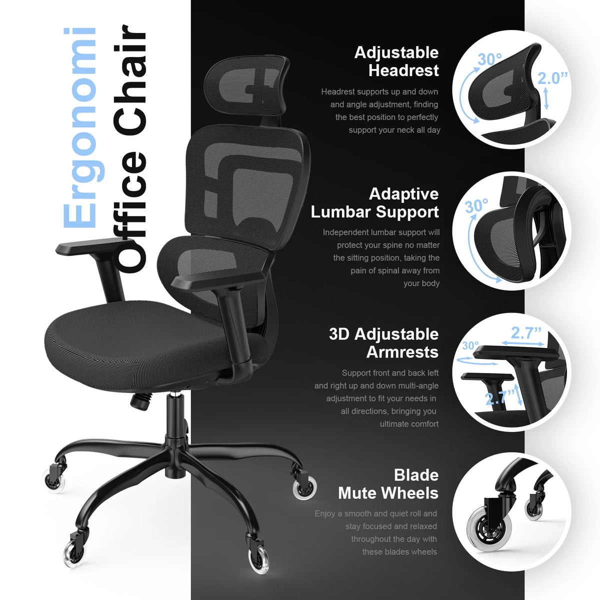 Black Ergonomic Mesh Office Chair with Lumbar Support and Wheels G898940