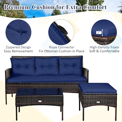 3 Pieces PE Rattan Wicker Patio Conversation Set with Cushions and Tempered Glass Coffee Table I98458