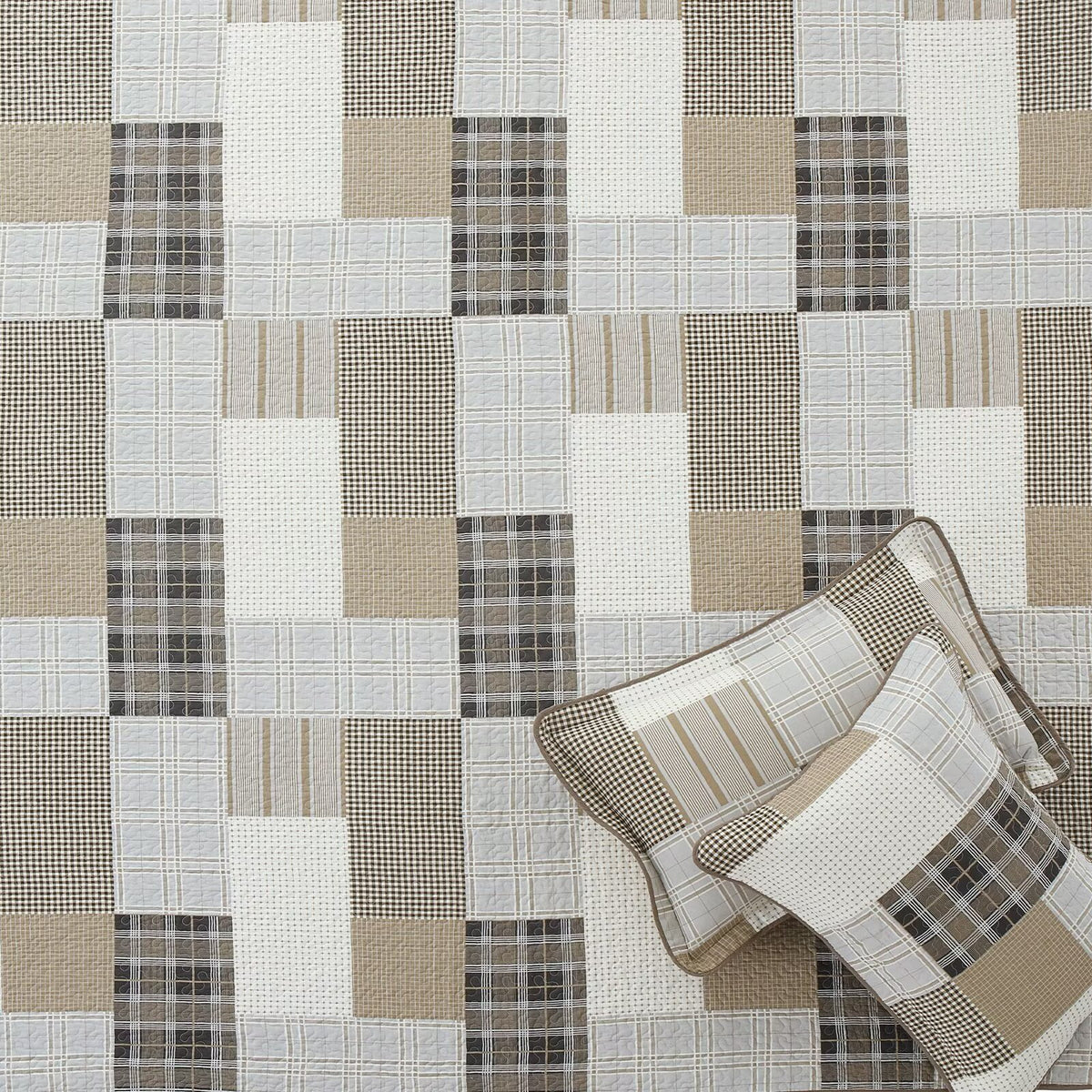 King Size 100% Cotton Beige Brown Patchwork Plaid Quilt Set 3-Piece O4744