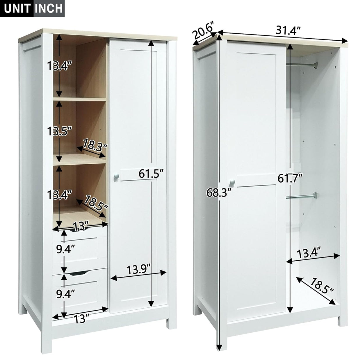 White Freestanding Wooden Armoire Wardrobe with 1 Sliding Door and 2 Drawers T554