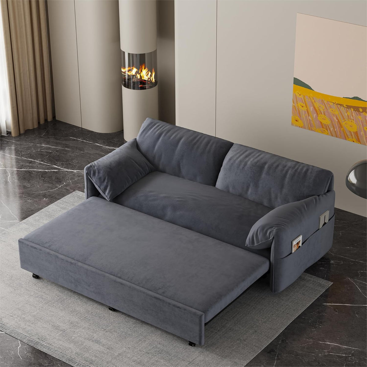 63.8" Queen Pull Out Velvet Sofa Bed with 2 Pillows P902362