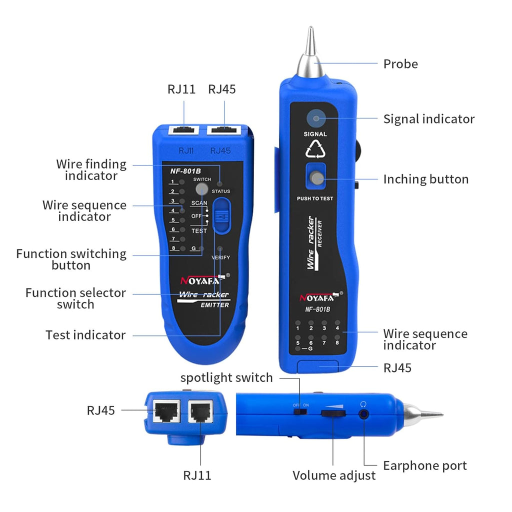 Blue RJ45 RJ11 Network Cable Tester with Earphone and Toolkit W919