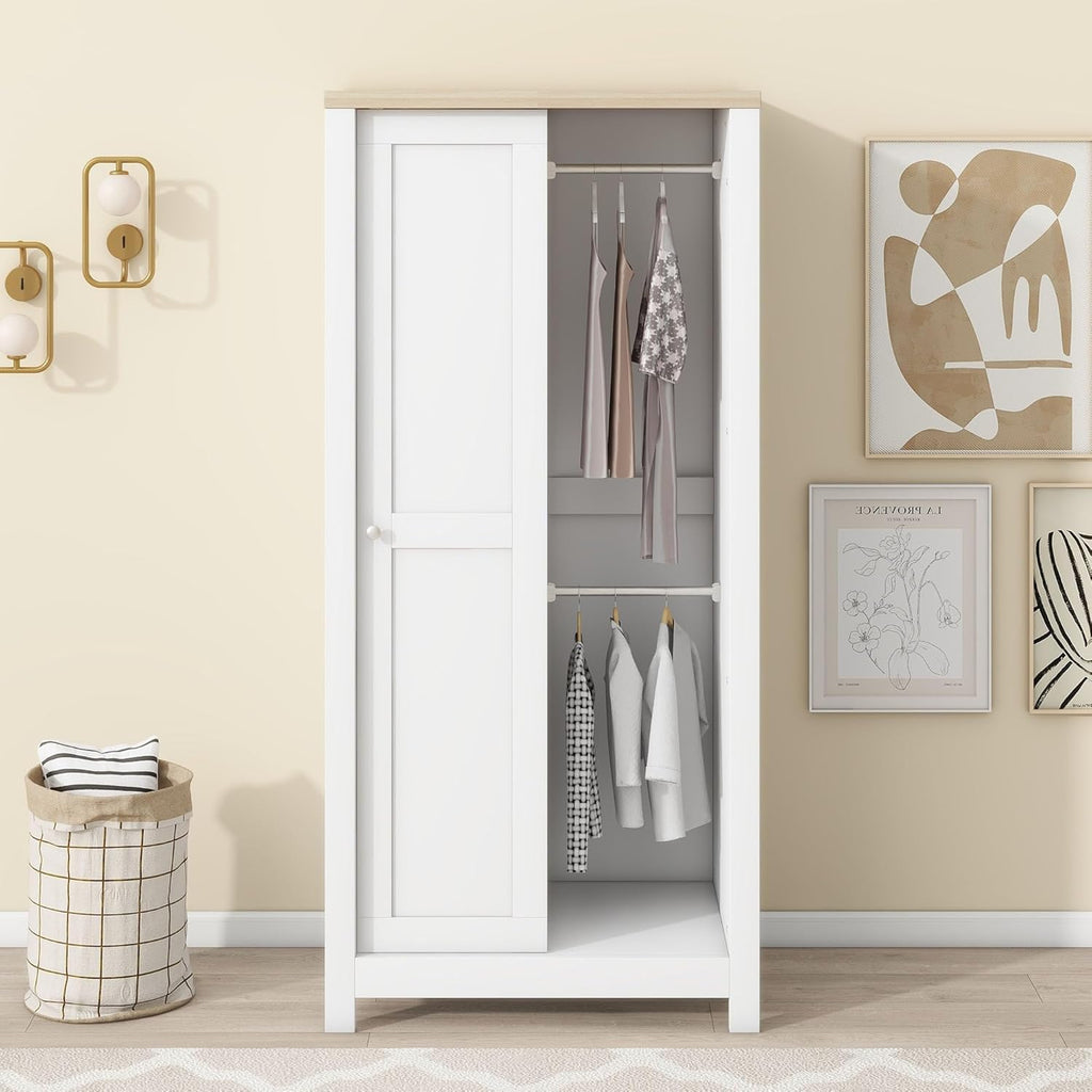 White Freestanding Wooden Armoire Wardrobe with 1 Sliding Door and 2 Drawers T554