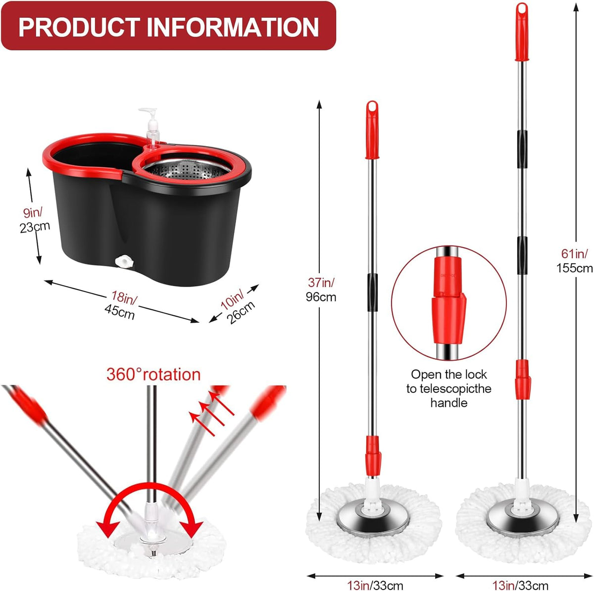 Black 20QT Mop Bucket with Wringer Set and 3 Microfiber Mop Head D500411