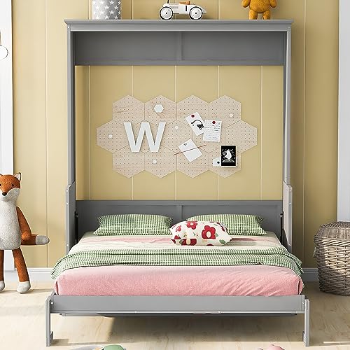White Queen Size Murphy Bed with Storage Shelves and LED Lights E2334