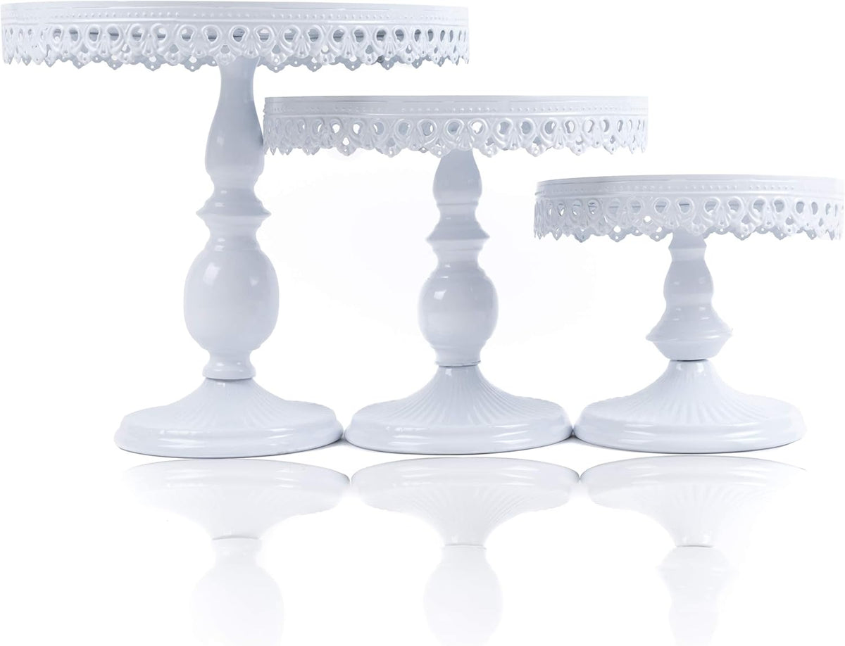 Set of 3 Antique Round Metal Cake Stands 12, 10, 8 Inch White M683