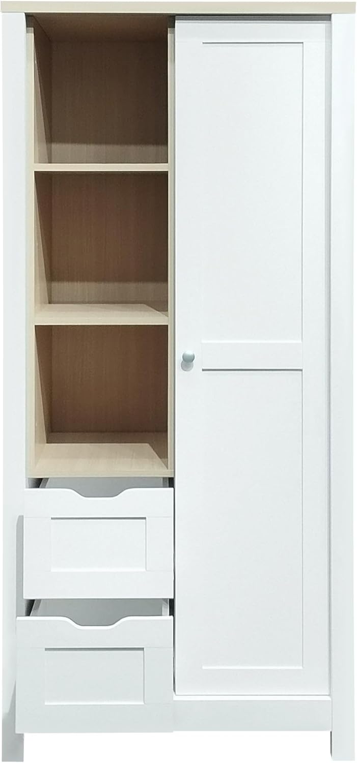 White Freestanding Wooden Armoire Wardrobe with 1 Sliding Door and 2 Drawers T554