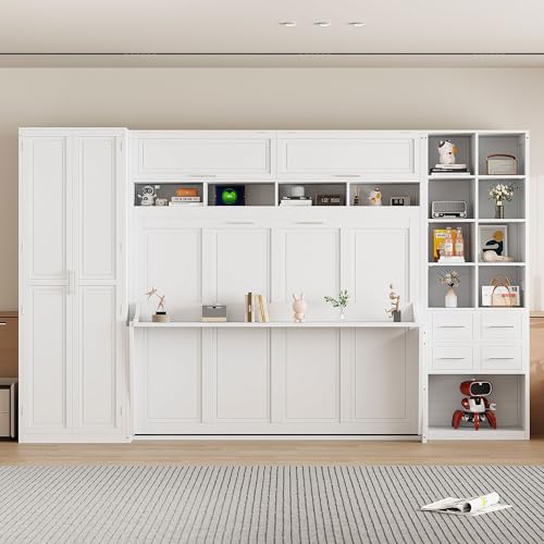 Queen Murphy Bed with Desk, Foldable Queen Wood Wall Bed with Storage Shelves, White Y990934