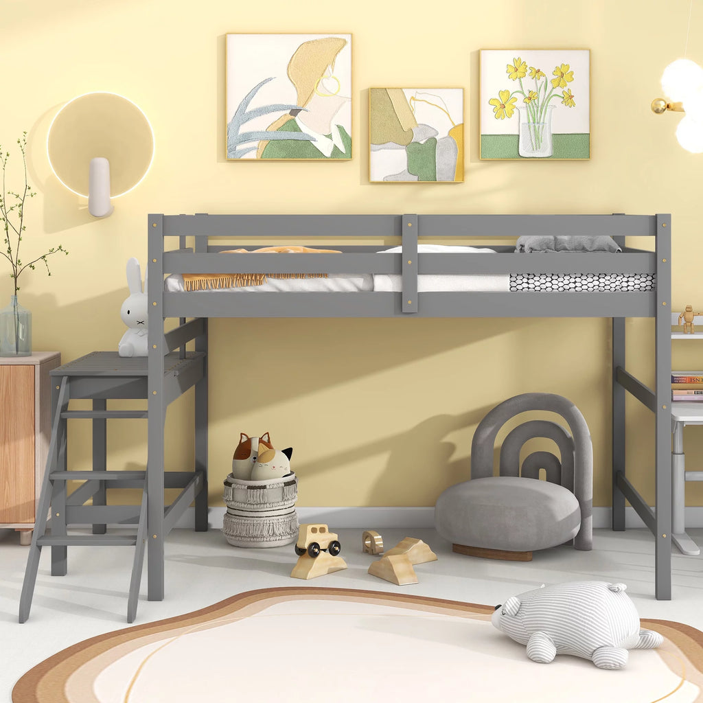 Gray Full Wood Loft Bed with Safety Rail and Ladder L79026