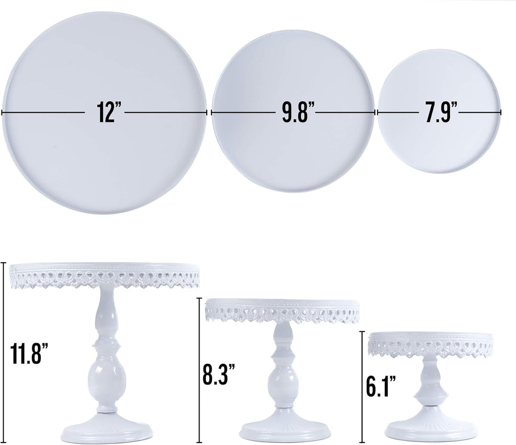 Set of 3 Antique Round Metal Cake Stands 12, 10, 8 Inch White M683