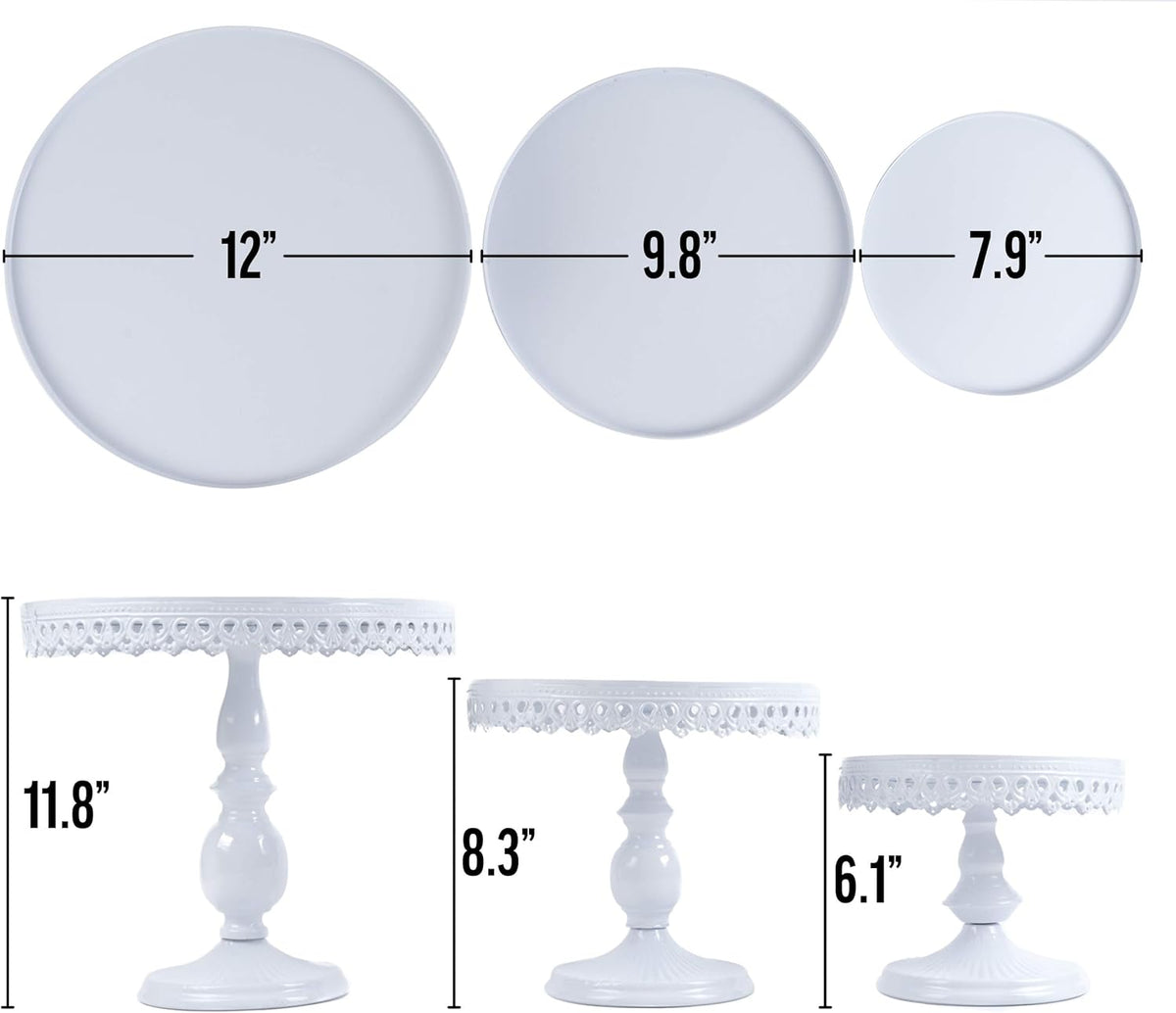 Set of 3 Antique Round Metal Cake Stands 12, 10, 8 Inch White M683