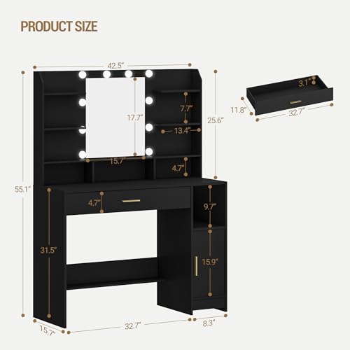 Black Vanity Desk with Mirror and 10 LED Lights R74410