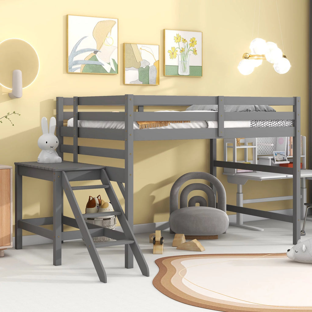 Gray Full Wood Loft Bed with Safety Rail and Ladder L79026