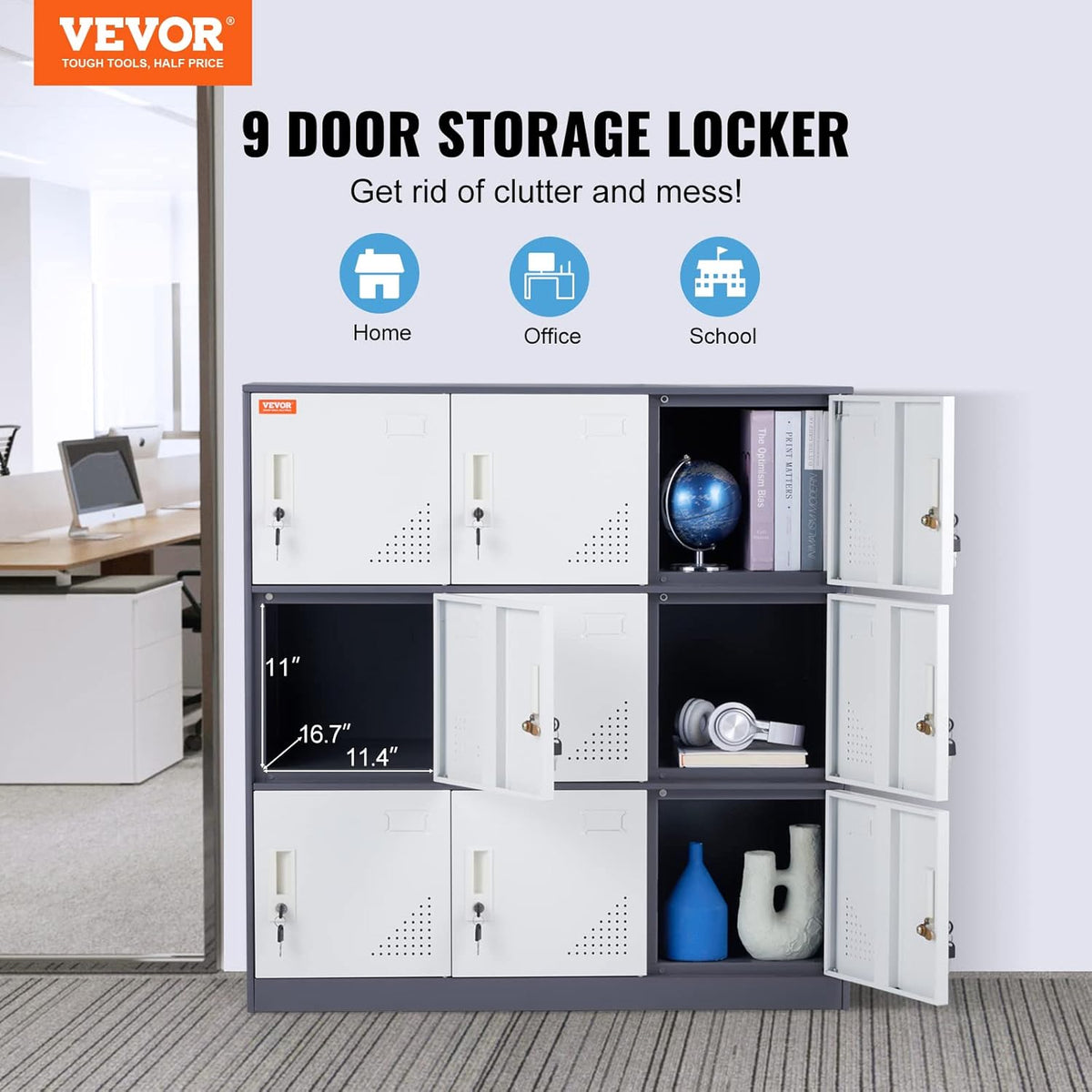 Gray Steel 9 Doors Storage Cabinet with Keys S698557