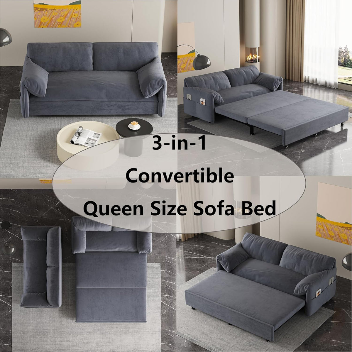 63.8" Queen Pull Out Velvet Sofa Bed with 2 Pillows P902362