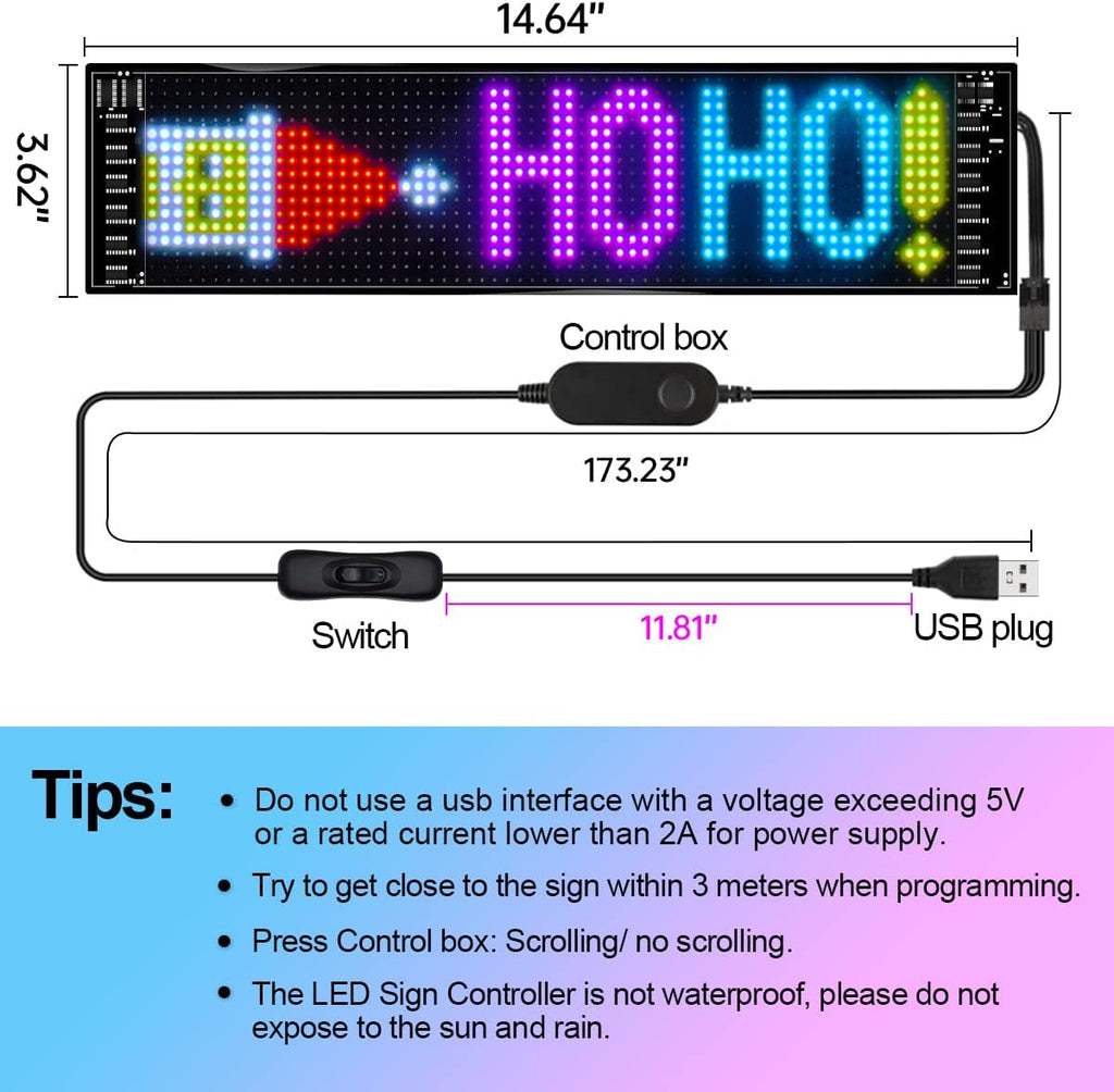 USB LED Color Sign Bluetooth Scrolling Message Board 16 X 64 Pixels F317960