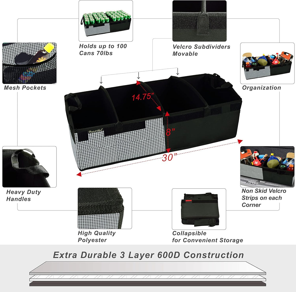 Rigid Base Trunk Organizer with 28 Can Cooler H2917