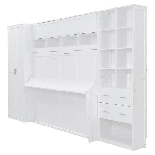 Queen Murphy Bed with Desk, Foldable Queen Wood Wall Bed with Storage Shelves, White Y990934