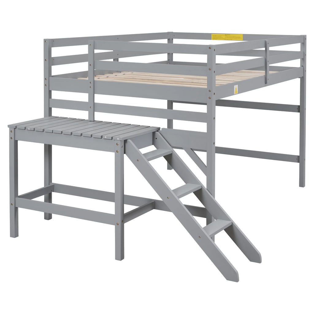 Gray Full Wood Loft Bed with Safety Rail and Ladder L79026