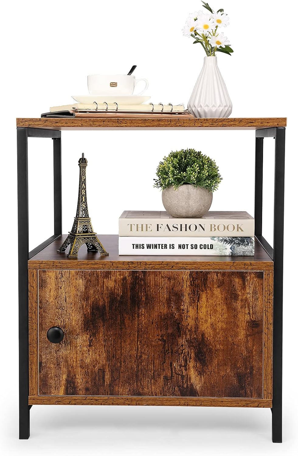 White 3-Tier Wooden Nightstand with Storage Cabinet and Open Shelf I60264