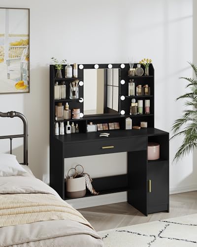 Black Vanity Desk with Mirror and 10 LED Lights R74410