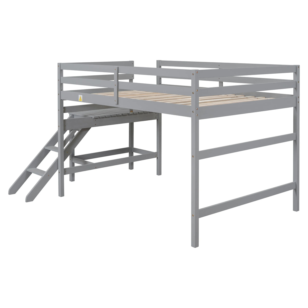 Gray Full Wood Loft Bed with Safety Rail and Ladder L79026
