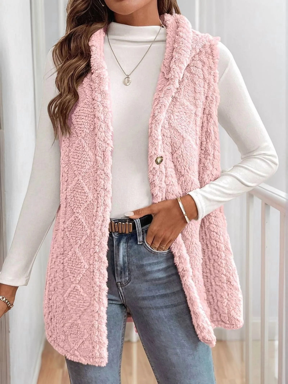 Pink Oversized Fleece Hooded Cardigan X372