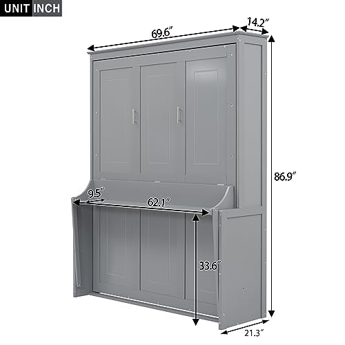 White Queen Size Murphy Bed with Storage Shelves and LED Lights E2334