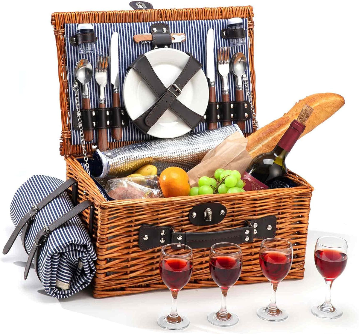 4 Person Wicker Picnic Basket Set with Insulated Cooler Bag and Picnic Blanket F283094