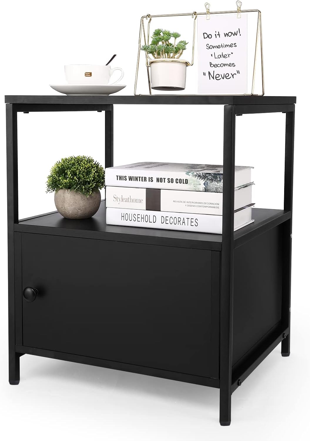White 3-Tier Wooden Nightstand with Storage Cabinet and Open Shelf I60264