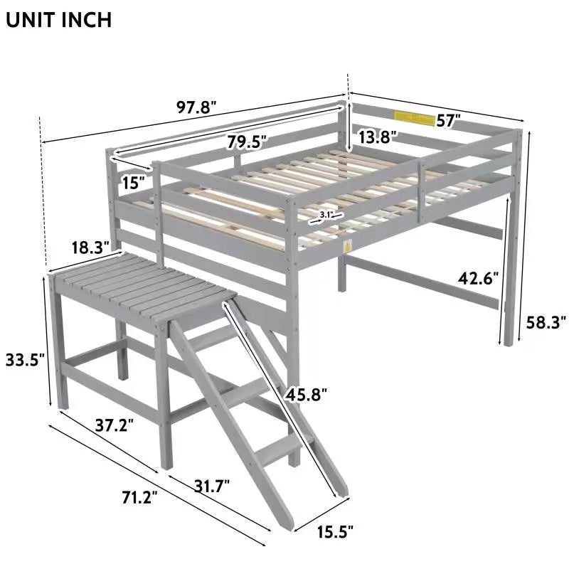 Gray Full Wood Loft Bed with Safety Rail and Ladder L79026