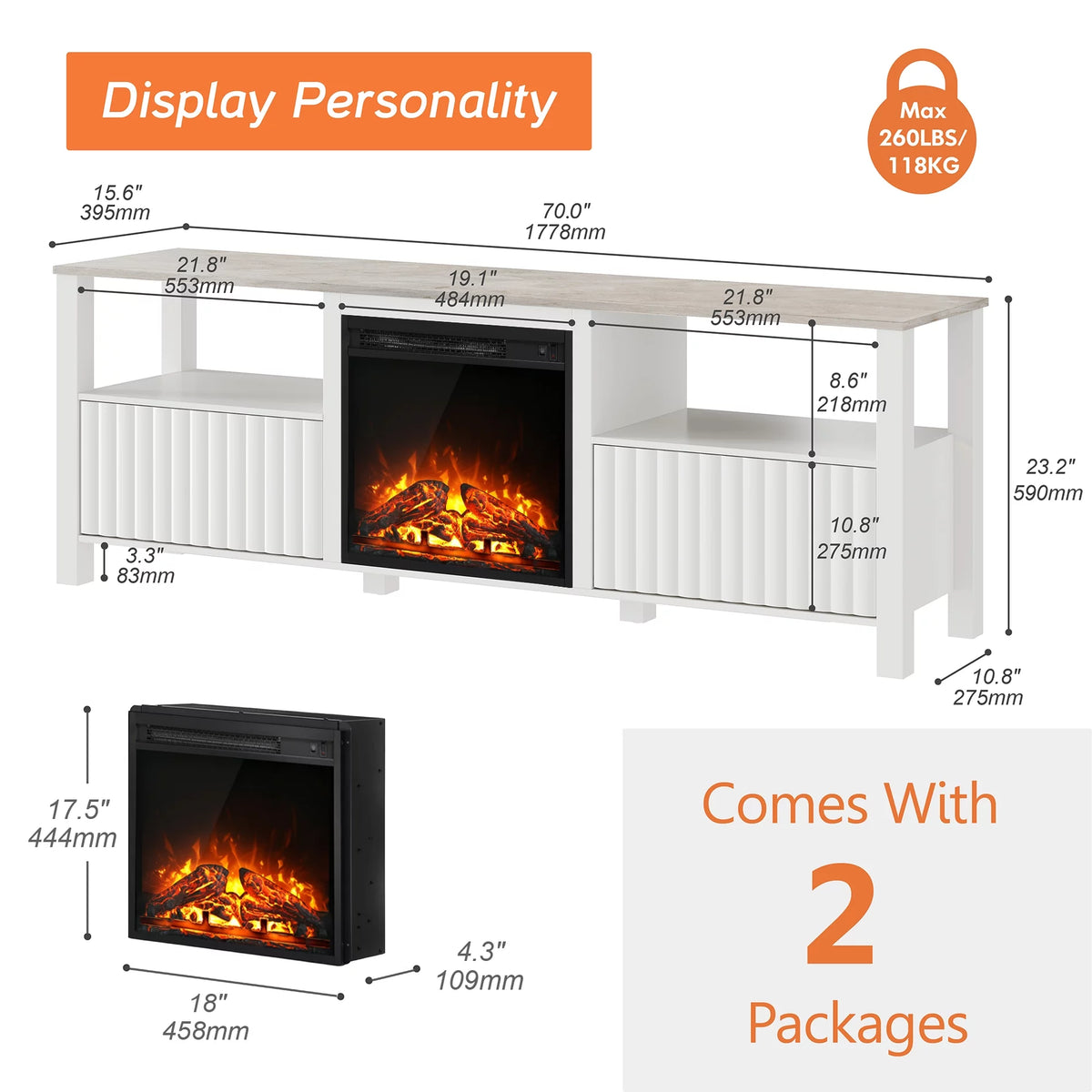 White 70 inch Wood Electric Fireplace TV Stand X85541