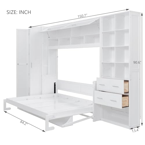 Queen Murphy Bed with Desk, Foldable Queen Wood Wall Bed with Storage Shelves, White Y990934