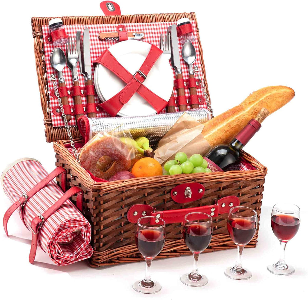 4 Person Wicker Picnic Basket Set with Insulated Cooler Bag and Picnic Blanket F283094