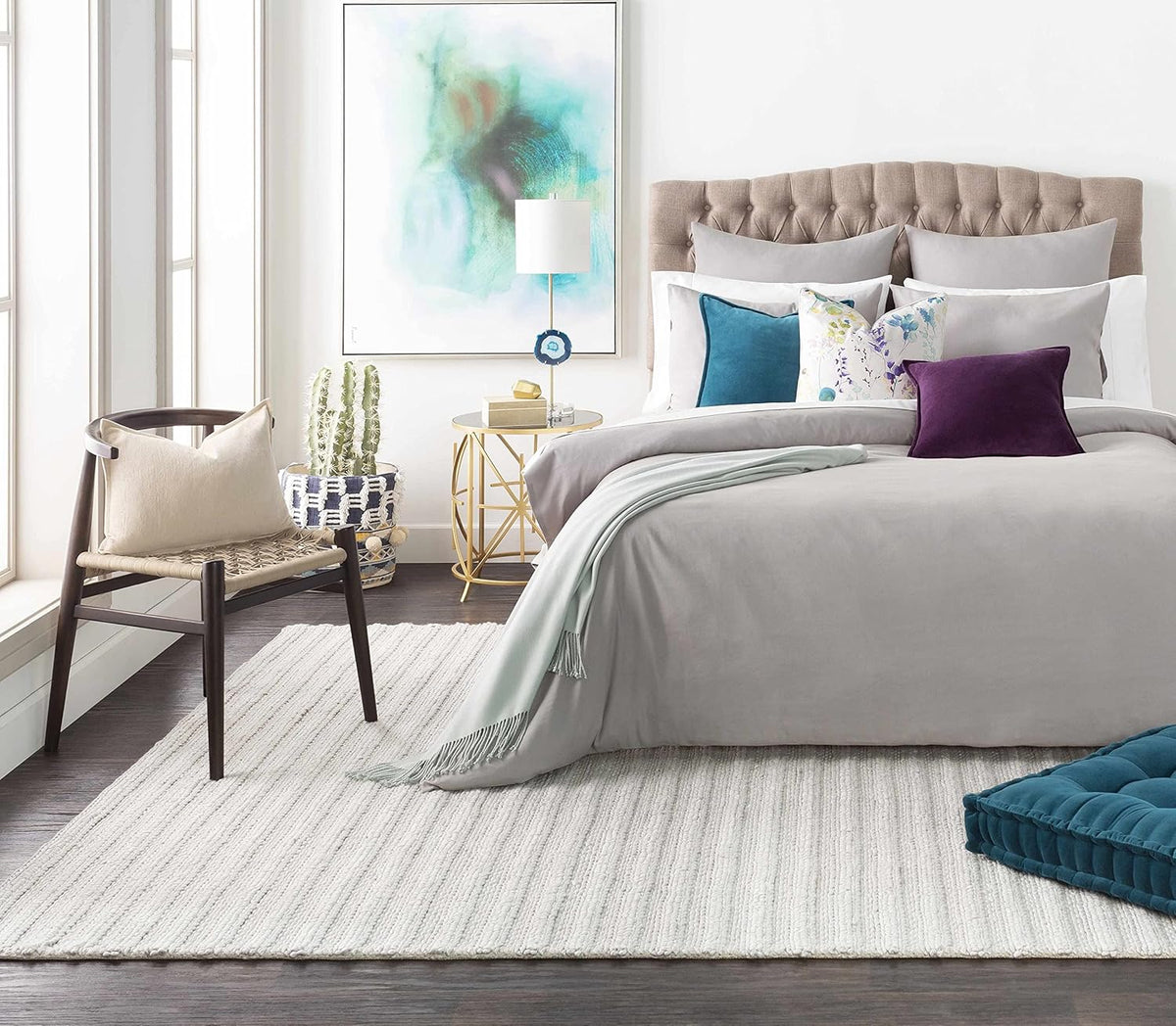 Wool & Viscose Bohemian Area Rug, Ivory, Beige, Cream, Grey, 10' x 14' Y3787