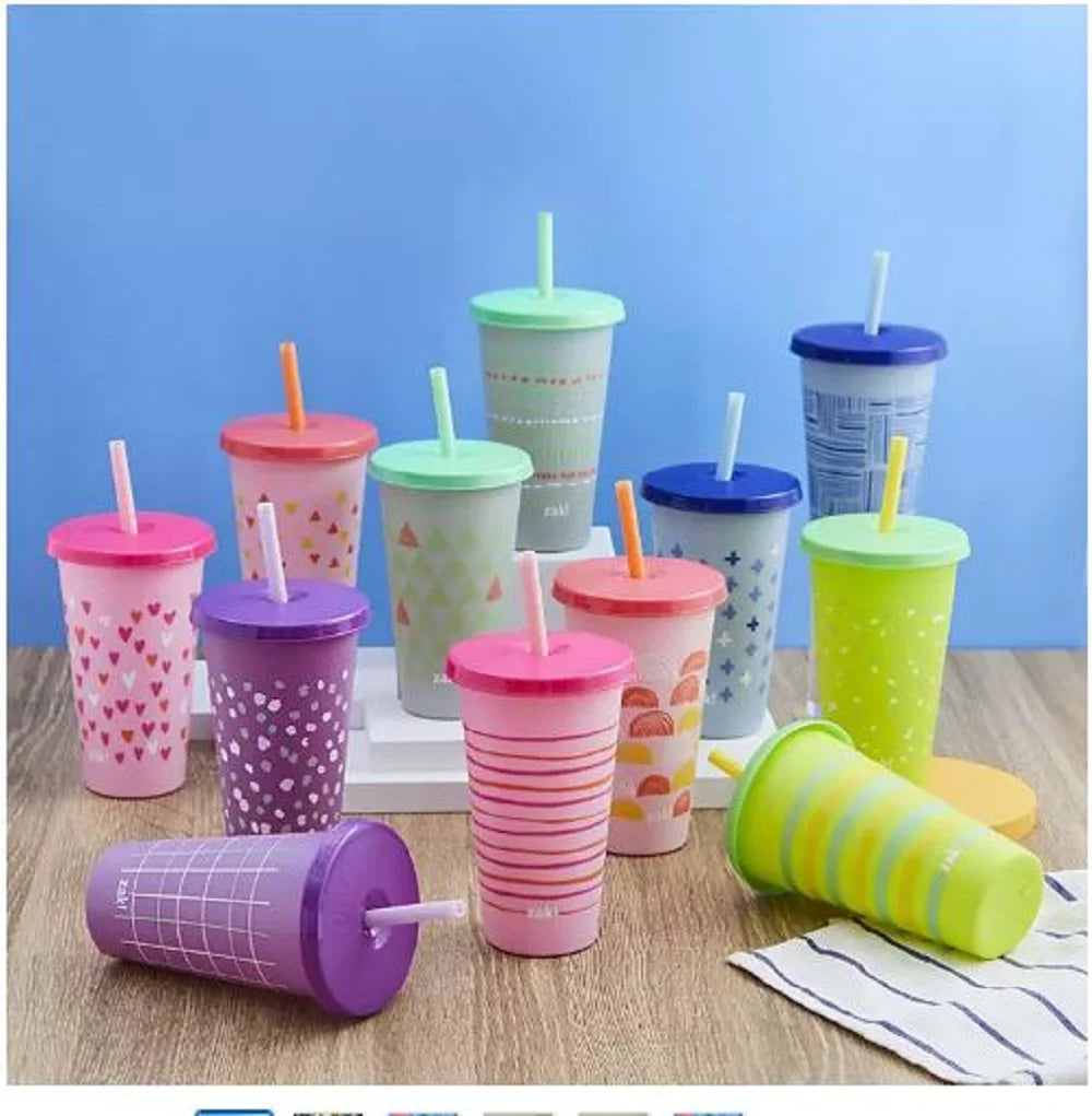 25 oz. Color-Changing Tumbler 12-Pack Set Plastic with Lids and Straws U83862