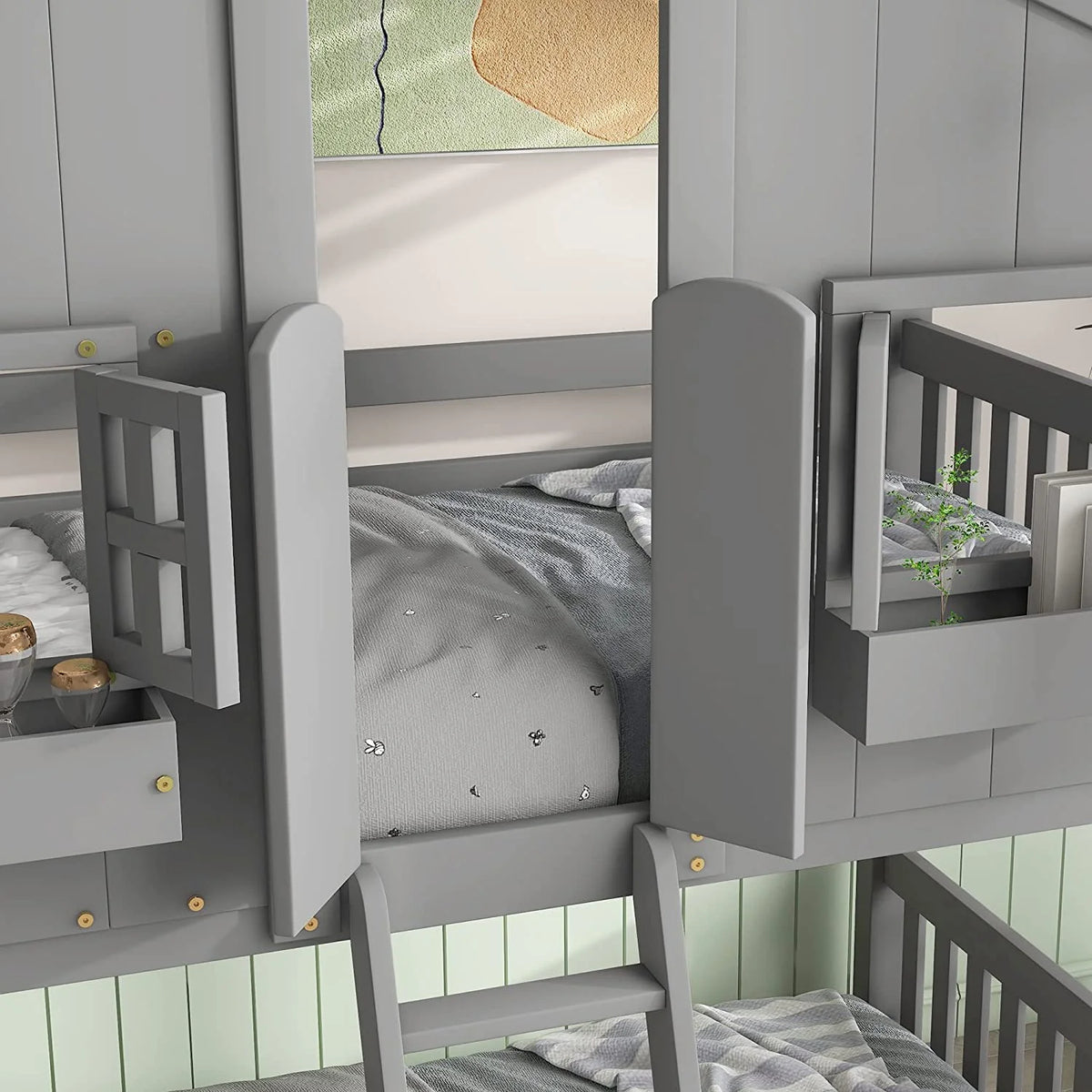 Gray Wood Kids Bed with Roof and Guardrails X18615