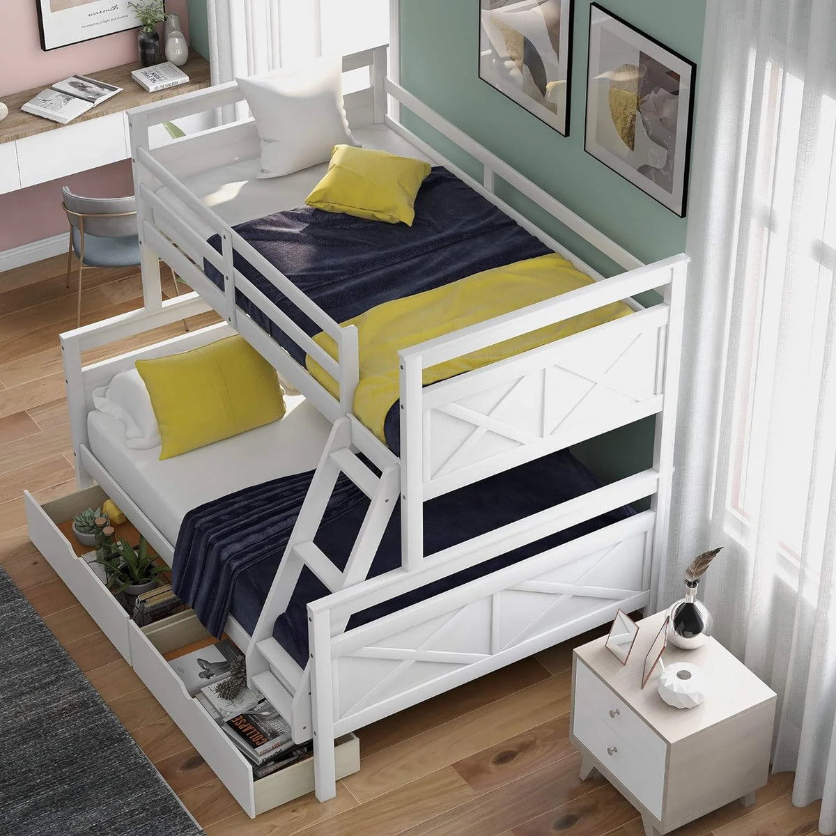 White Wooden Bunk Bed with 2 Storage Drawers and Ladder Y394