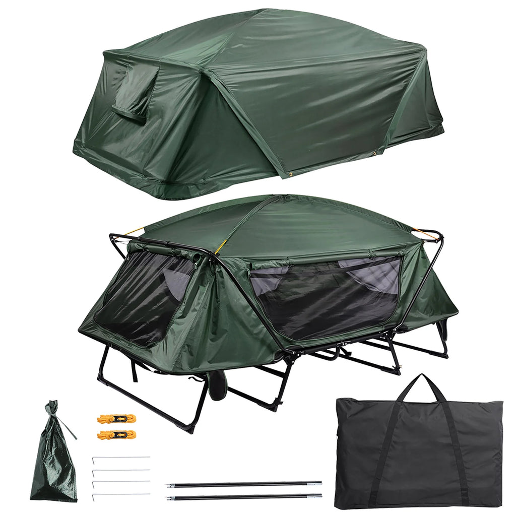 Green Double Tent Cot Folding Portable Waterproof Camping Bed for 2 Person with Rain Fly Bag P94810