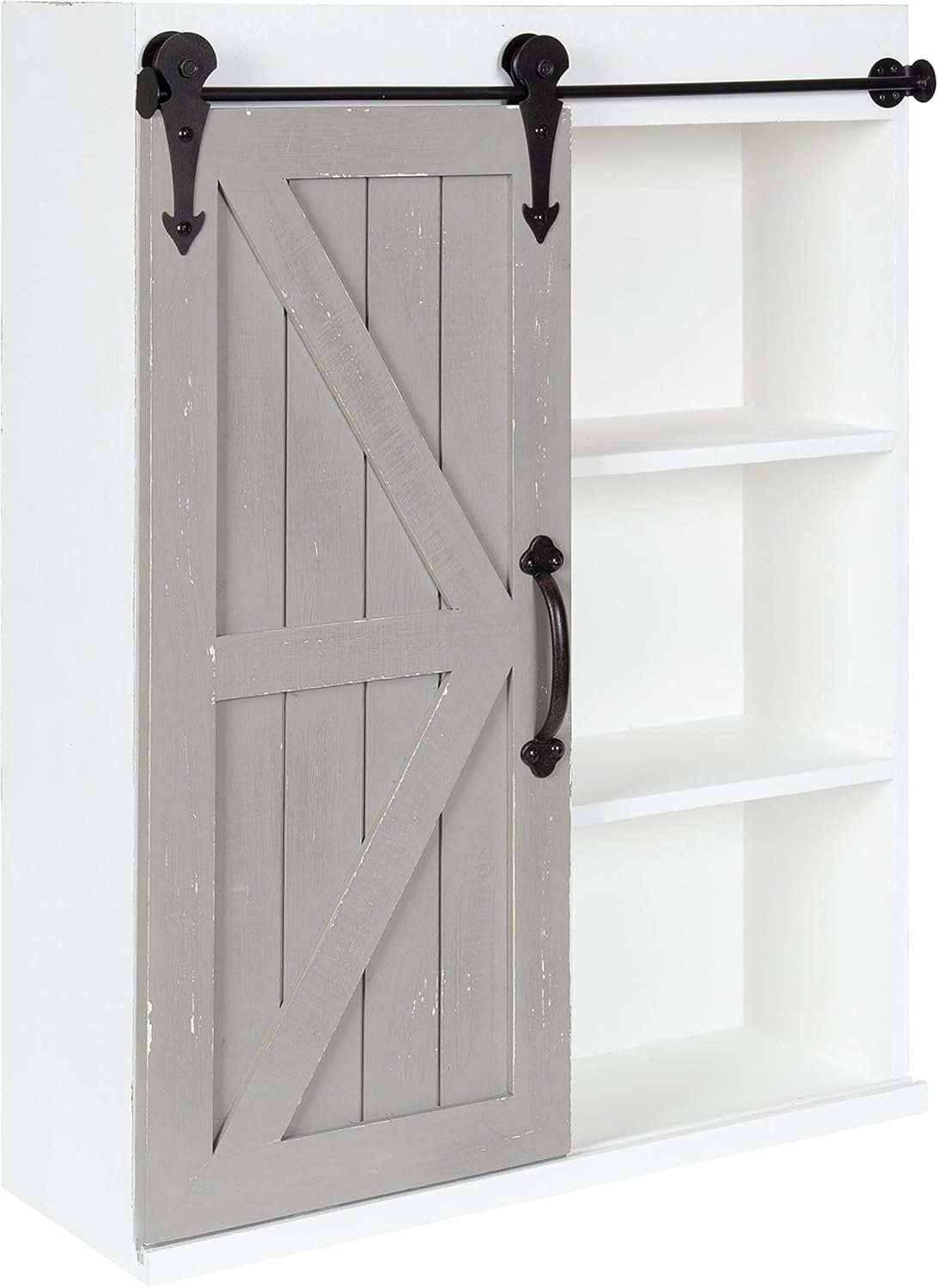 White Wood Wall Storage Cabinet with Sliding Barn Door H264560